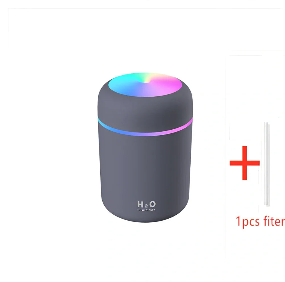 Compact USB car humidifier with colourful LED light and 300ml water tank for vehicle use
