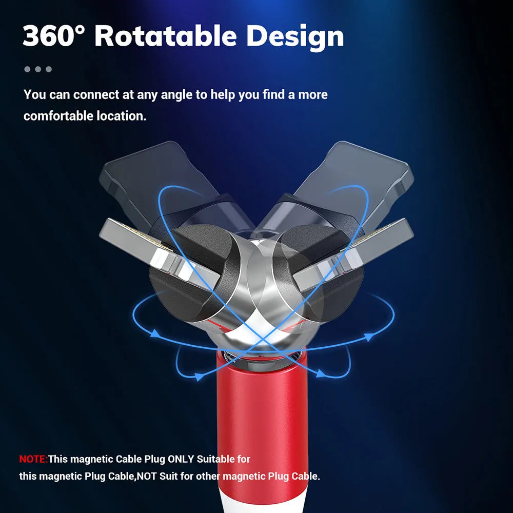 Black spherical magnetic charging cable with rotating head next to iPhone and Android phones