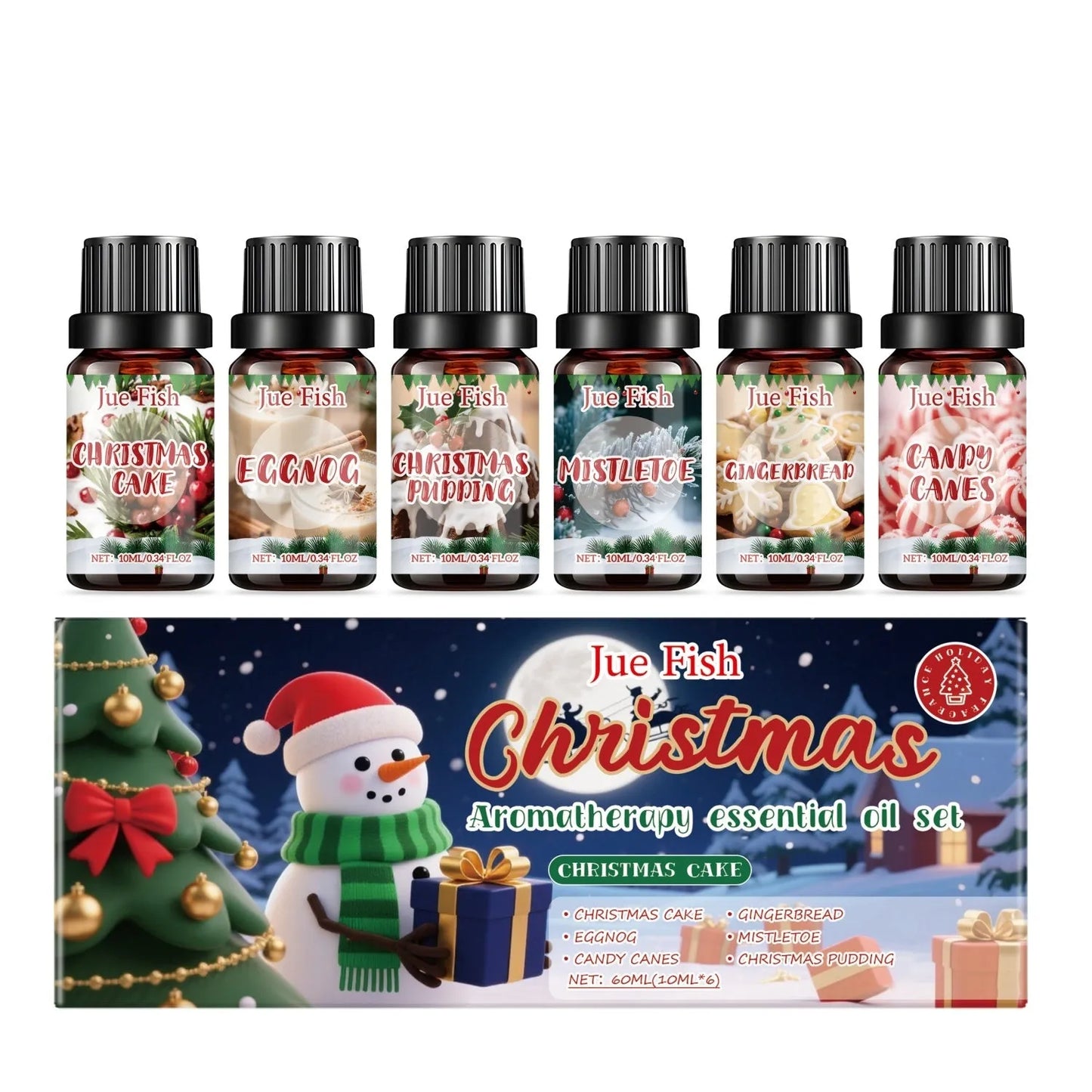 Christmas aromatherapy essential oil set with six 10ml bottles showing Christmas cake, egg wine, cane candy, gingerbread, mistletoe, and Christmas pudding scents