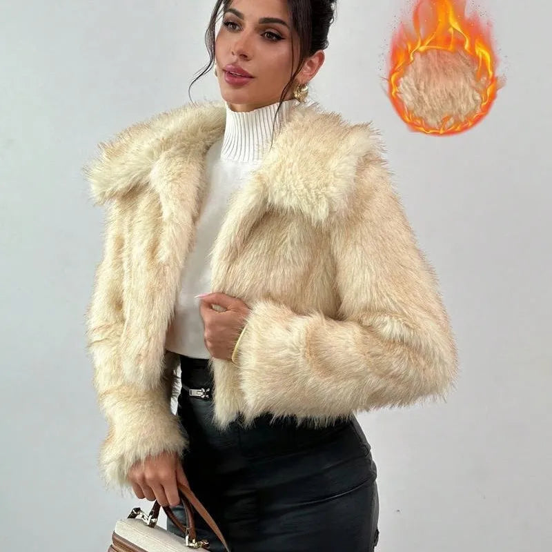 Women's artificial fox fur coat with fur collar in short 40cm length