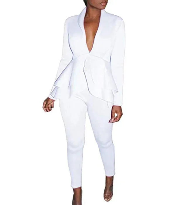 Ruffled shirt and pencil pants business casual wear set in polyester fabric