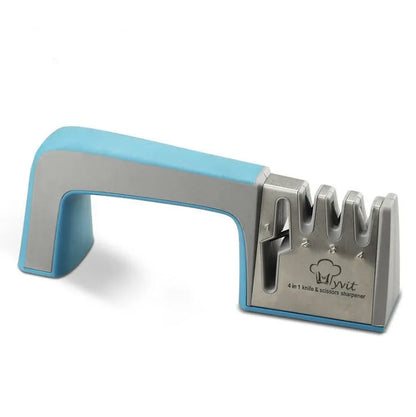 Black and cyan four-in-one kitchen knife sharpener with multiple sharpening rods on display