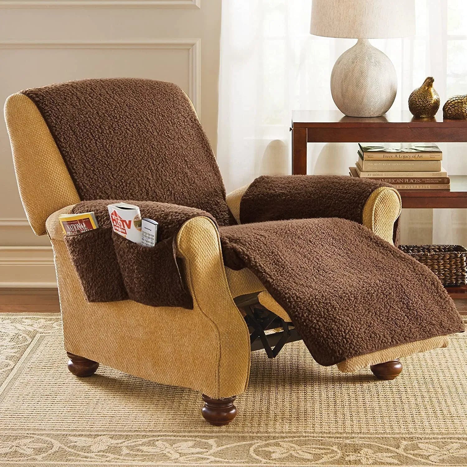 Lamb wool coloured sofa cushion cover with elastic hem stretched over 64cm wide cushion