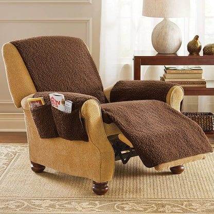 Lamb wool coloured sofa cushion cover with elastic hem stretched over 64cm wide cushion