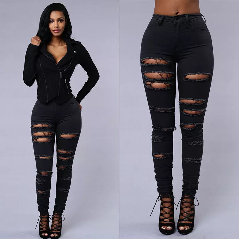 Women's high waist ripped skinny jeans in cotton, available in white and black