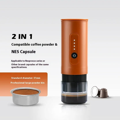 Portable stainless steel coffee machine with car charger cable in moonlight white colour
