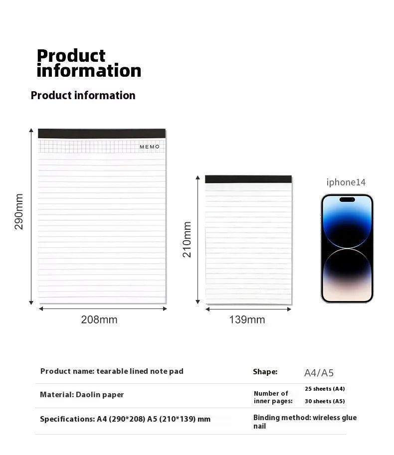 A4 tearable notebook with grid-lined pages and wireless adhesive binding for clean page removal