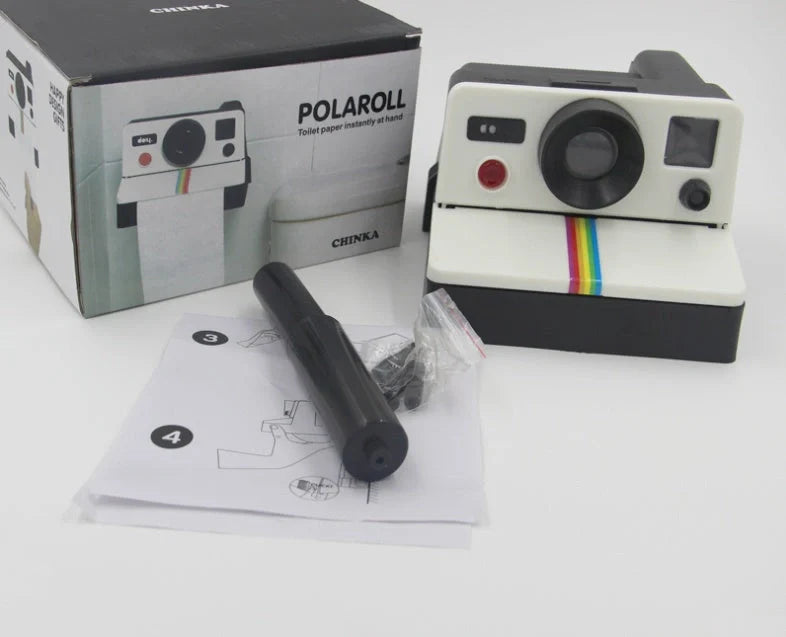 Retro Instagram camera-shaped paper towel box in vibrant colors