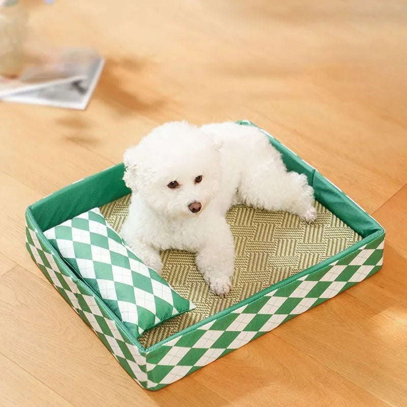 Blue rattan cat bed and litter mat in a large size, showing woven texture and rectangular shape.