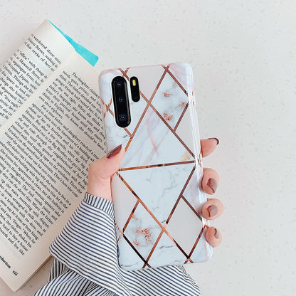 Electroplated marble mobile phone case in various colours for Huawei and Samsung models, showing slim TPU back cover design