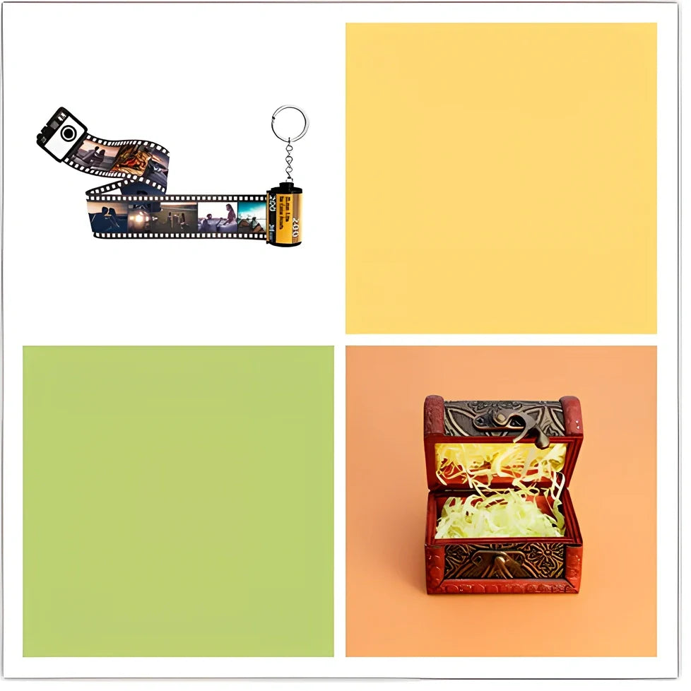 Yellow plastic film roll keychain with custom photo insertion compartment measuring 7cm