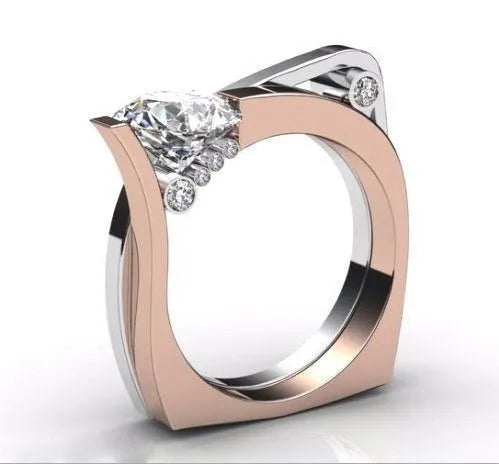 Rose gold electroplated couple ring with geometry design and inlaid zircon stone, women's fashion accessory