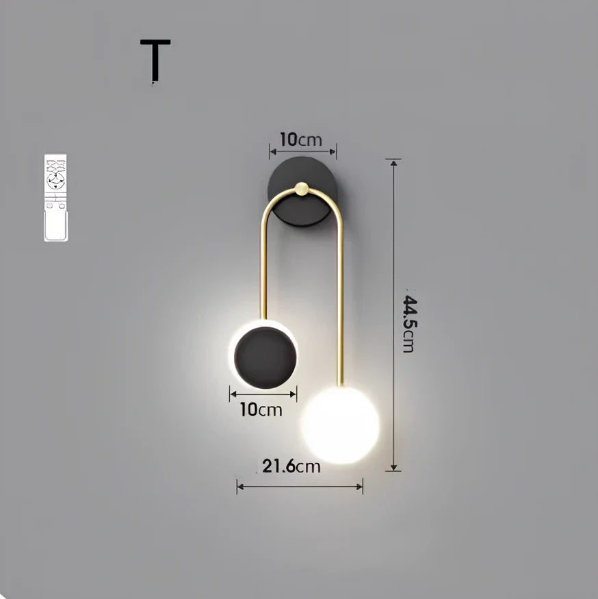 Nordic wall lamp with black gold finish and LED lighting, mounted beside bed with dimming controls