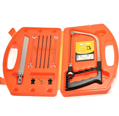 11-in-1 multi-function saw tool set with orange and black components including 5 blades and drill bits