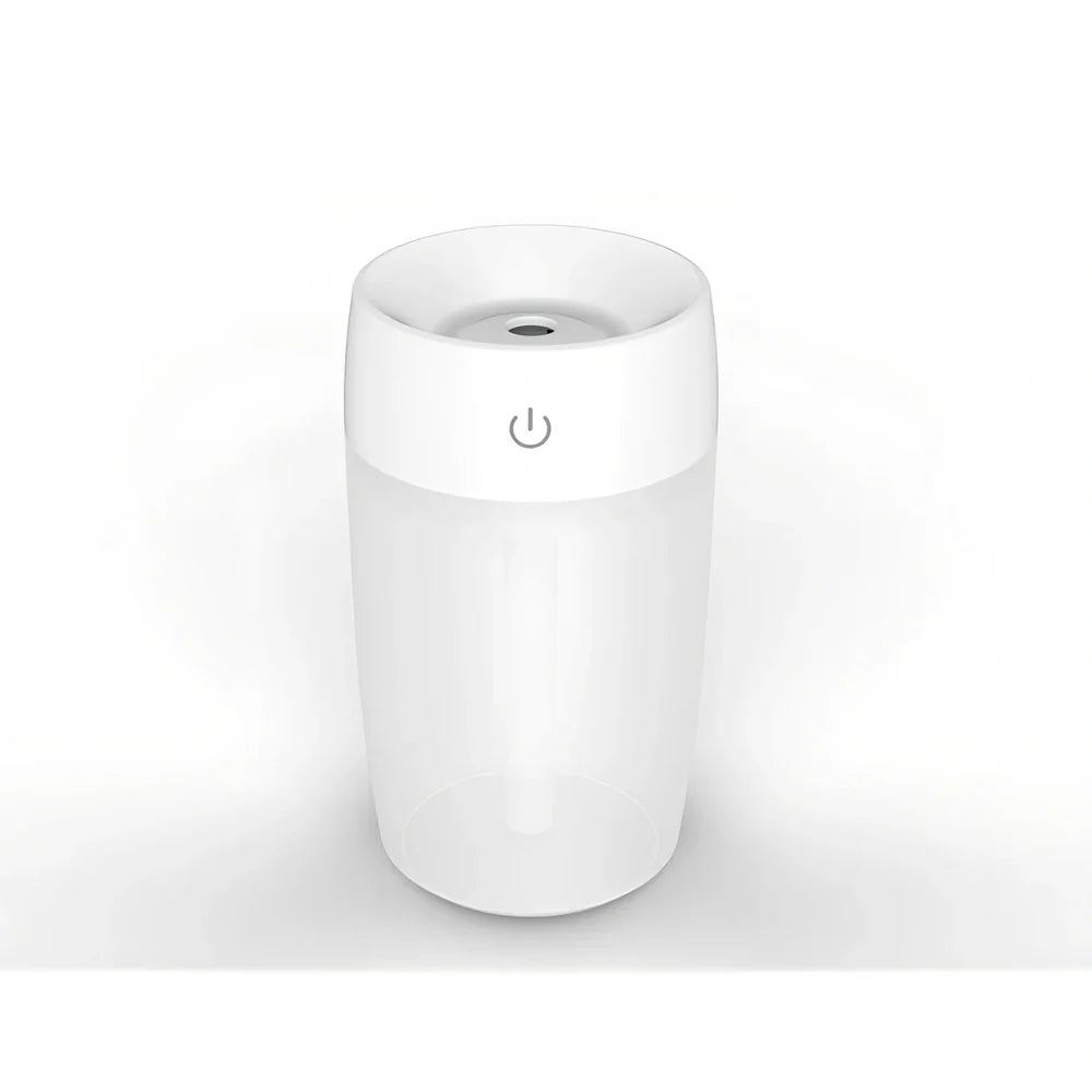 Mini air humidifier in white colour with USB cable, showing compact size suitable for desk use