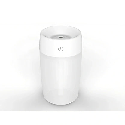 Mini air humidifier in white colour with USB cable, showing compact size suitable for desk use