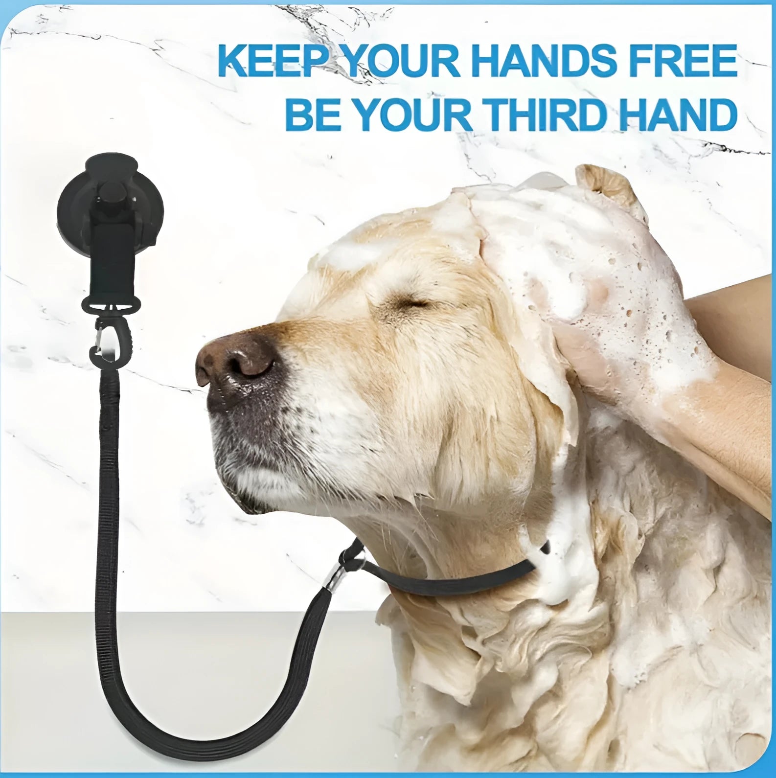 Pet bathing restraint device with suction cup handcuffs and traction rope in black or blue colour
