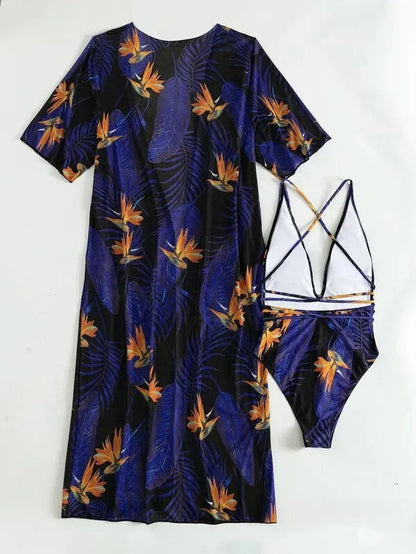 Women's three-piece swimsuit set showing bikini one-piece design with matching cover-up coat