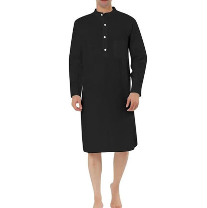 Men's cotton shirt robe in a light blue colour with a front chest pocket and button front.
