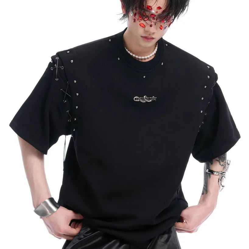 Black short sleeve women's T-shirt with lace-up cutout detailing on the sleeves.