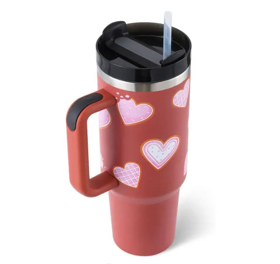 40 oz stainless steel insulated tumbler with handle and straw in tapered mug design