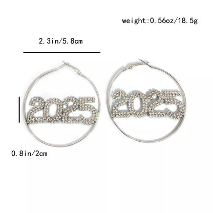 2025 Rhinestone Ring Earrings in silver and gold, perfect for New Year celebrations