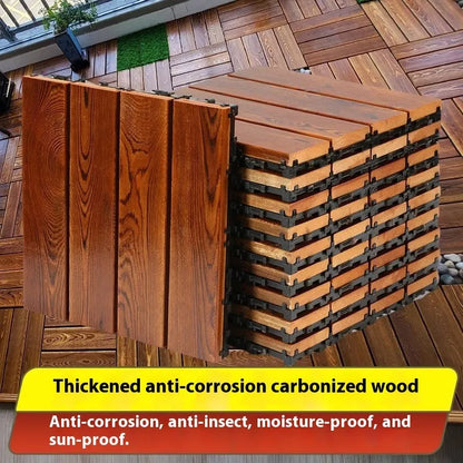 Camphor pine flooring tiles with brush wax oil finish, 30cm by 30cm dimensions, for indoor and outdoor use