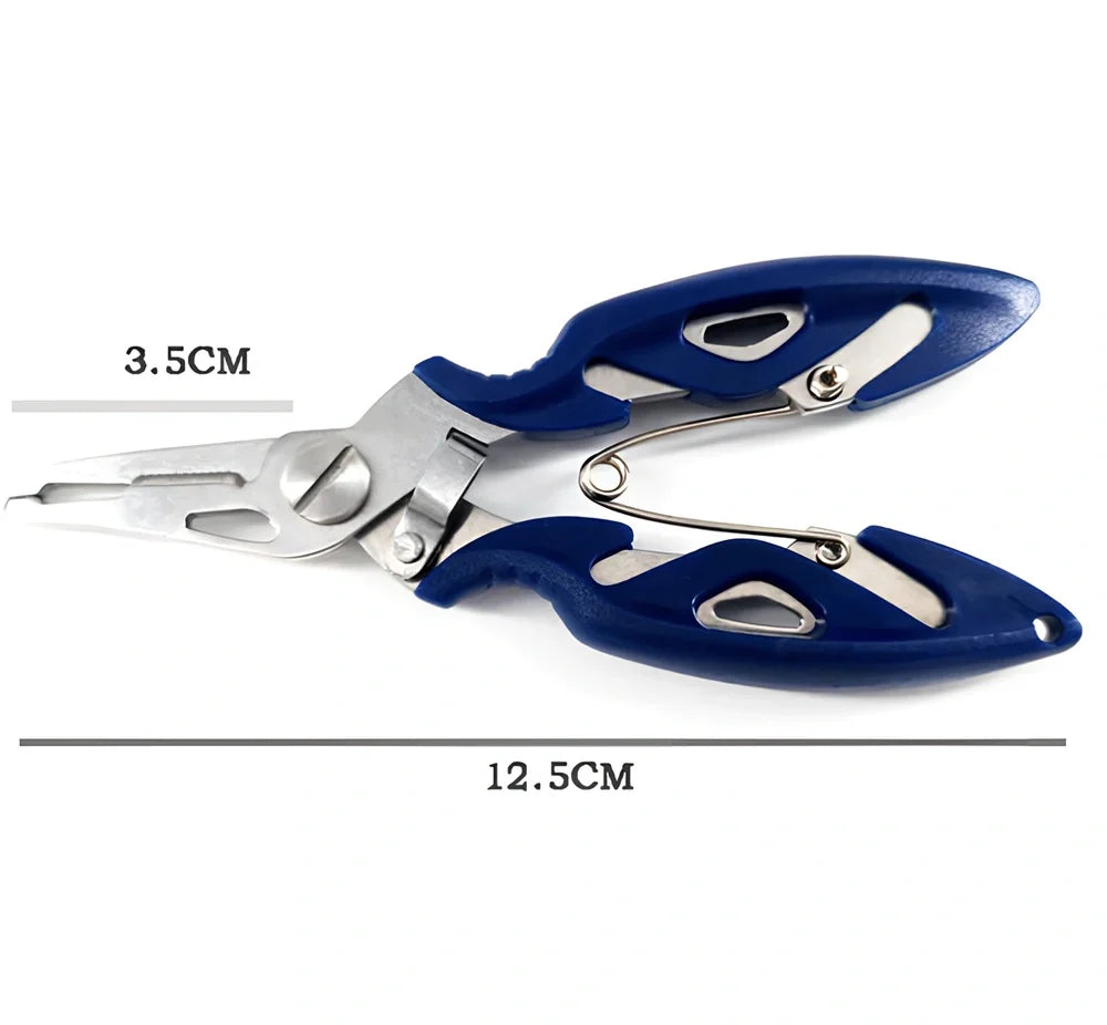 Stainless steel curved nose fishing pliers measuring 12.5cm with line cutter and protective covers