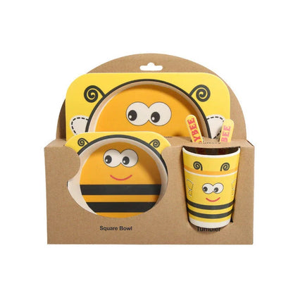 5-piece eco-friendly bamboo fiber children's tableware set with animal designs, including plate, bowl, cup, fork, and spoon