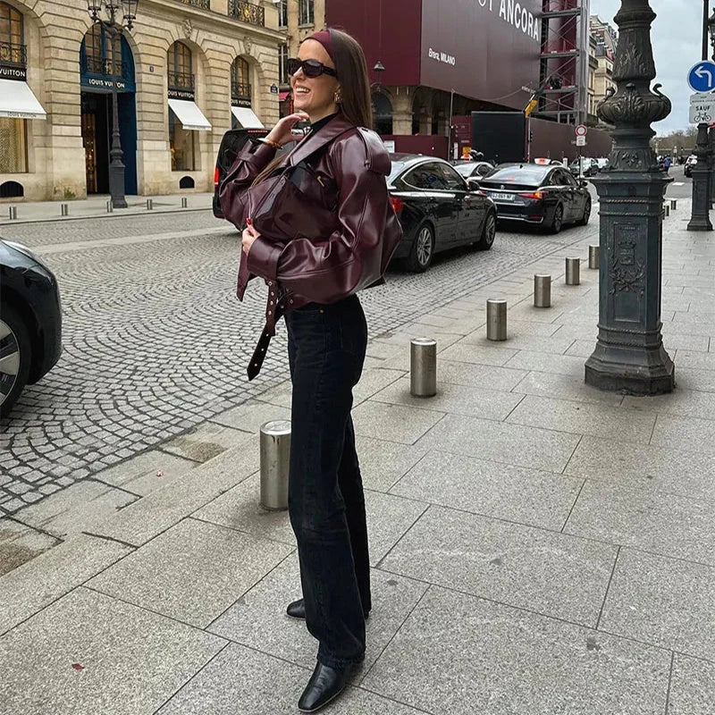 Stylish loose lapel PU leather jacket in multiple colors for women's fashion and streetwear
