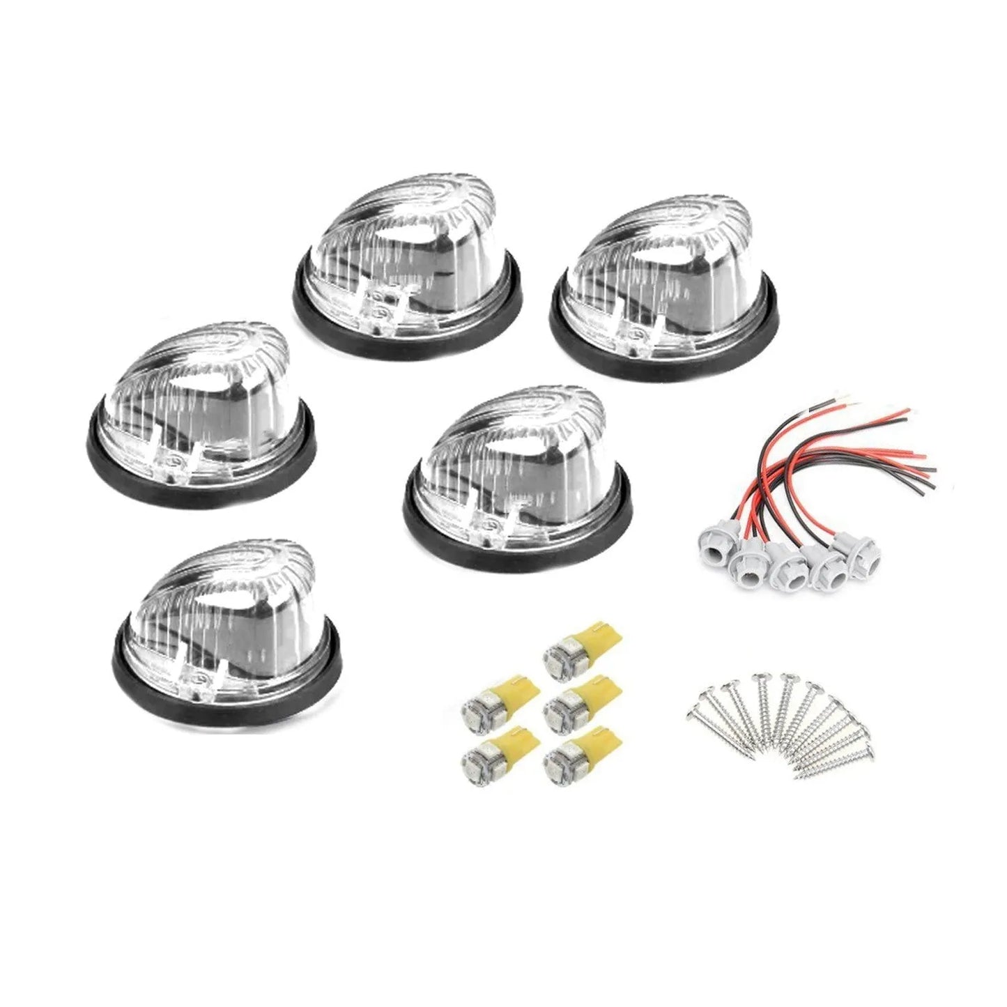 Yellow LED roof cab light kit for vehicles with PC lens, 83mm diameter, and installation components