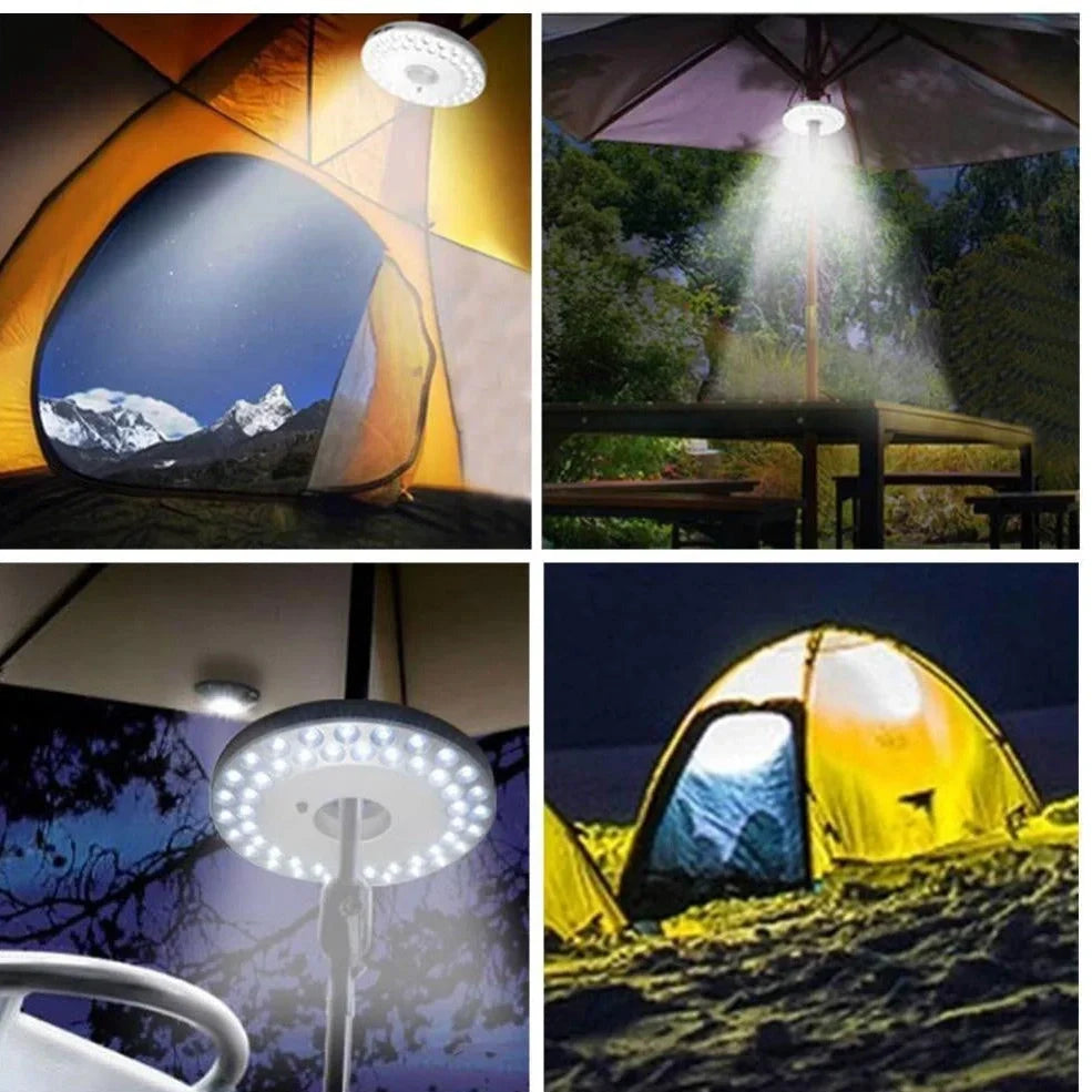 White LED light with 48 LEDs, hook attachment, and ABS plastic casing, measuring 14.5cm in diameter.