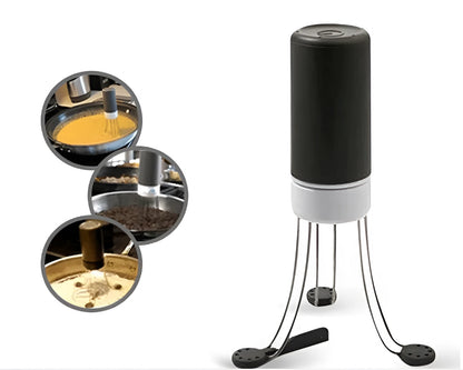 White and black wireless automatic kitchen stirrer with three-speed button, shown next to a saucepan.