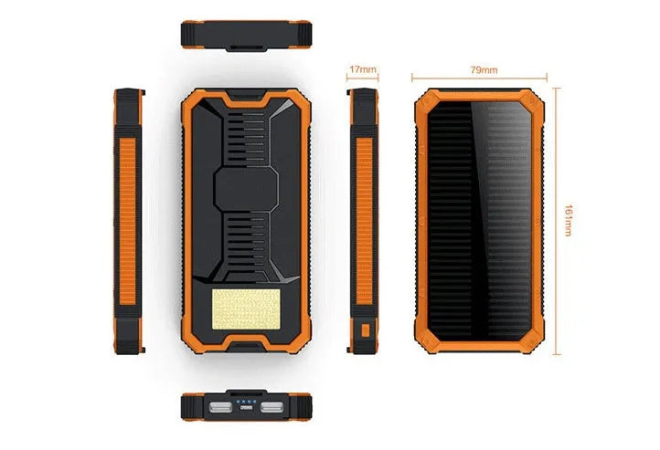 Orange portable solar power bank with USB port and solar panel, showing dimensions of 161x79x17mm.
