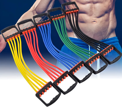 Rubber Rally chest dilator arm muscle trainer with spring resistance, shown in black, blue, green, red, and yellow.