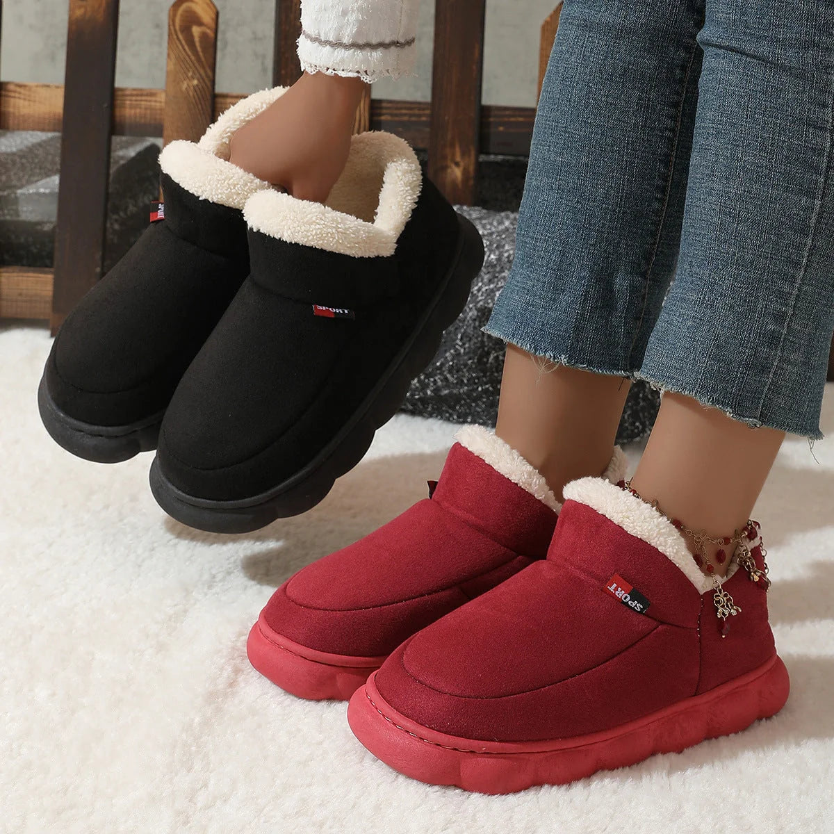 Cozy plush house slippers with soft velvet upper, warm suede lining, and thick rubber soles for indoor and light outdoor wear