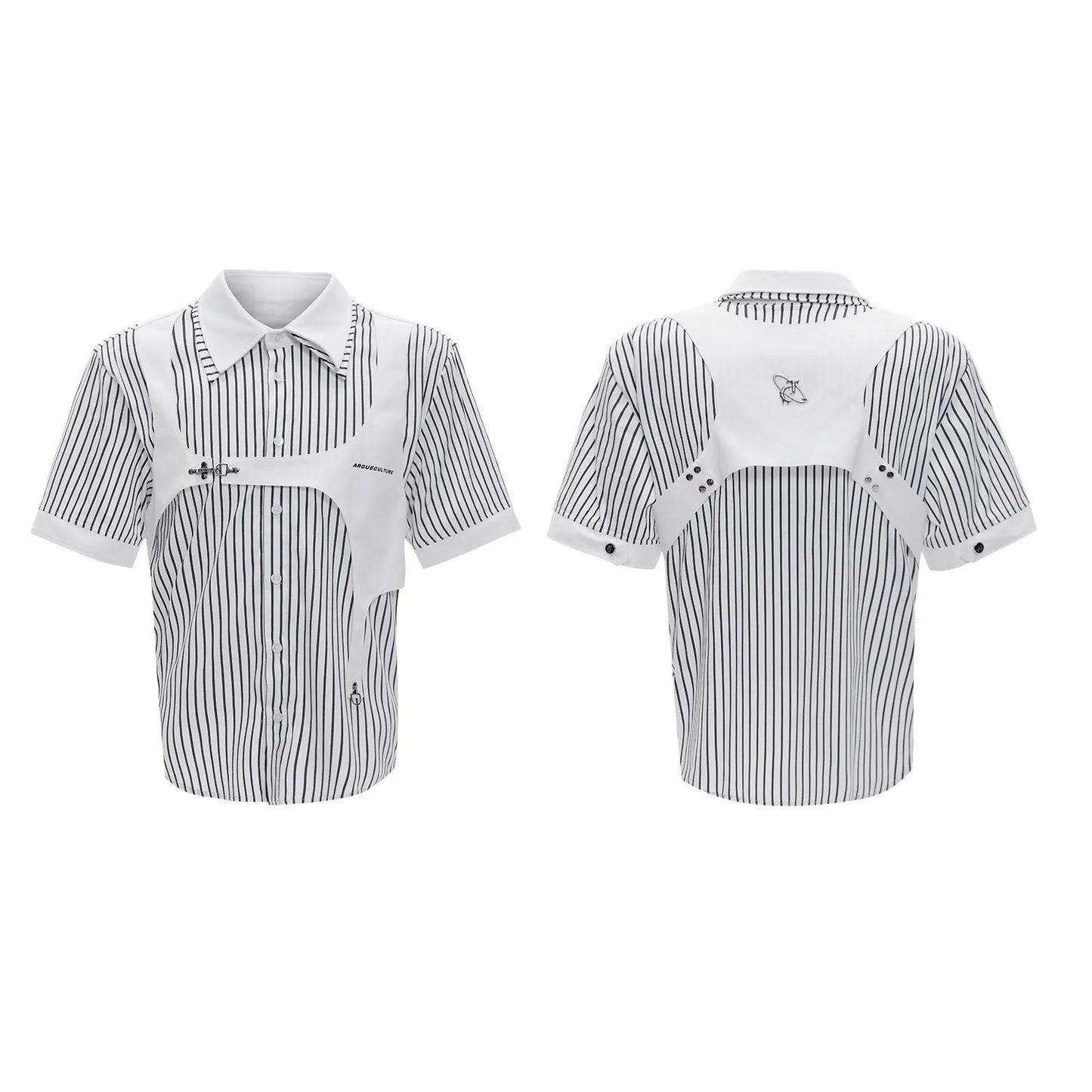 Men's black and white striped shirt with double collar design and short sleeves