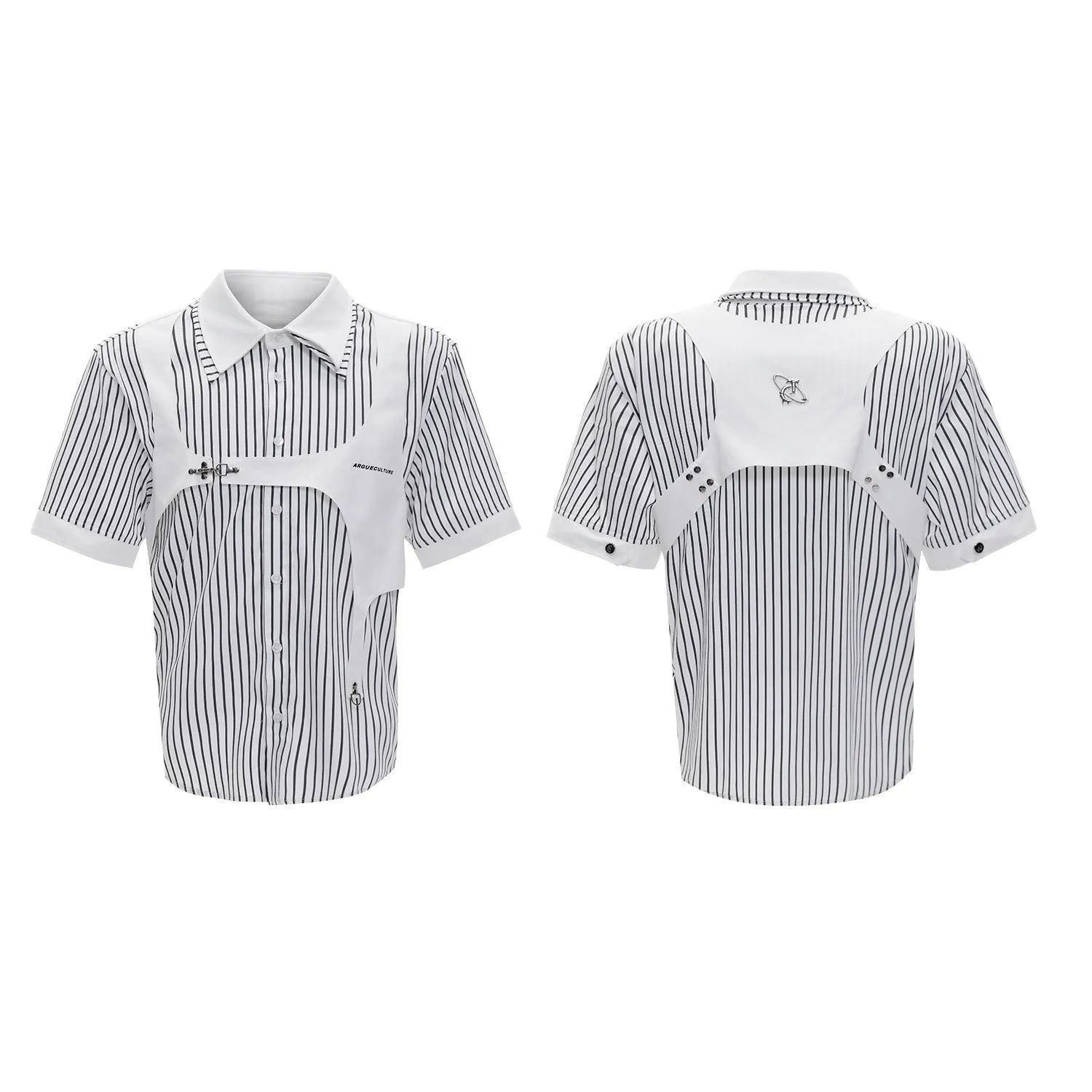 Men's black and white striped shirt with double collar design and short sleeves