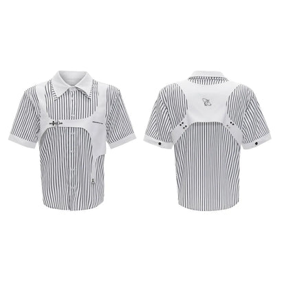 Men's black and white striped shirt with double collar design and short sleeves
