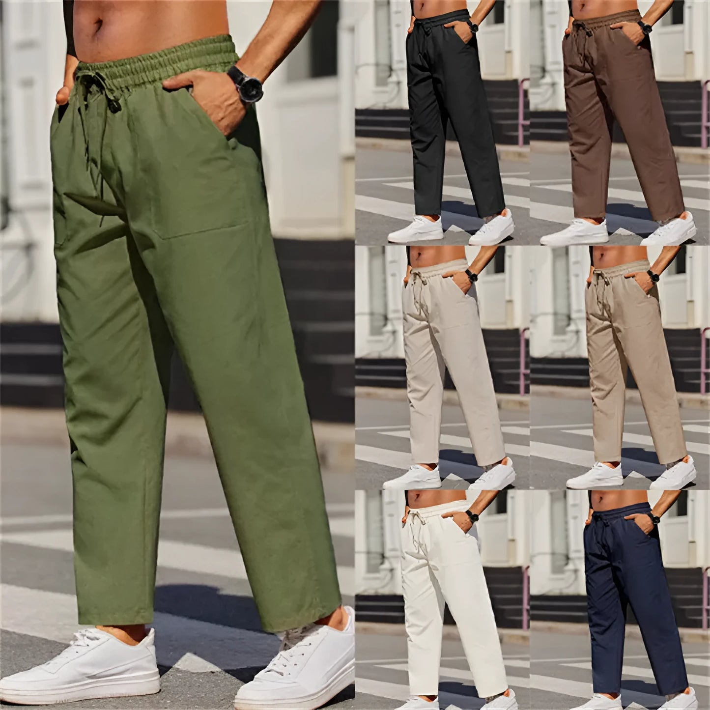 Men's straight-leg linen trousers in apricot colour with elastic waistband