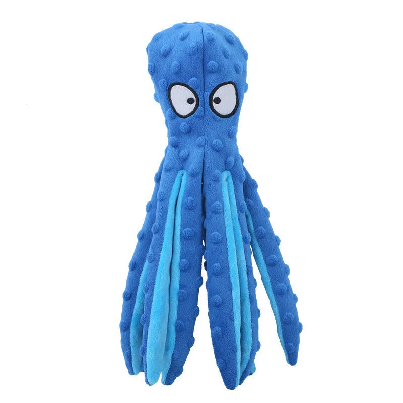 Blue octopus plush dog toy with tentacles, unfilled design with crinkle paper and squeaker sounds