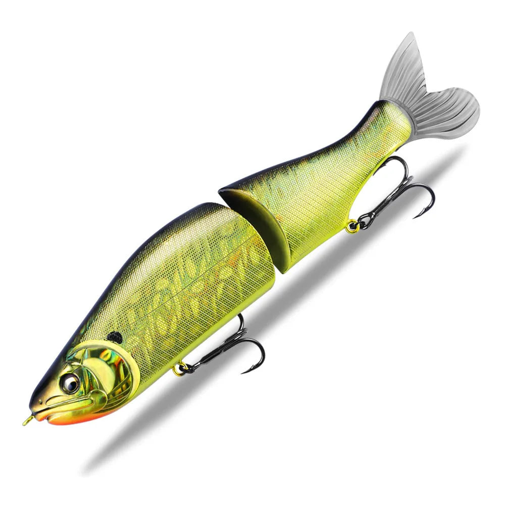 185mm hard plastic bass fishing swimming lure in assorted colours on a tackle box.