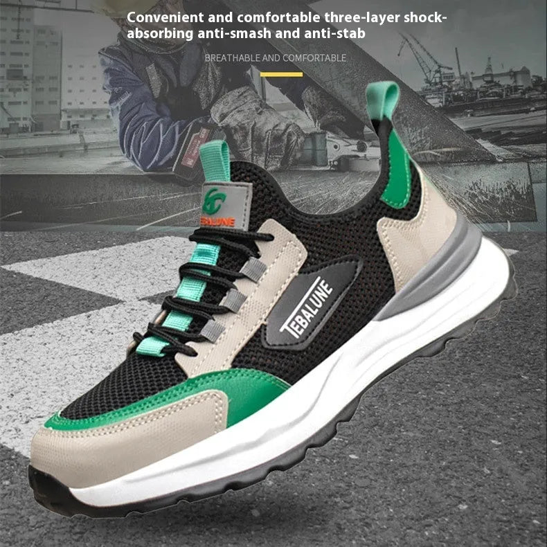 Men's black-green mesh work shoes with plastic steel toe protection and slip-on design