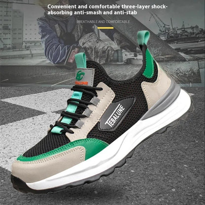 Men's black-green mesh work shoes with plastic steel toe protection and slip-on design