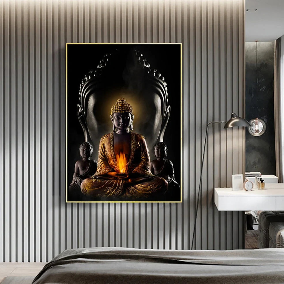 Modern Buddha canvas wall art in chemical fabric with detailed printing, available in 10 sizes from 20x30cm
