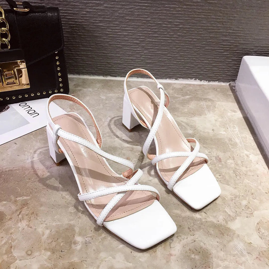 Women's thick-heel sandals with 8cm+ middle heel, one-word strap design in apricot colour showing backless style