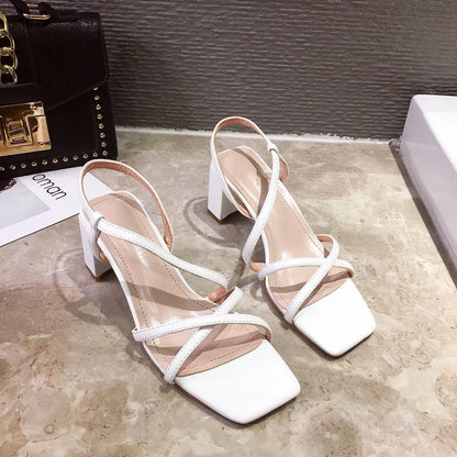 Women's thick-heel sandals with 8cm+ middle heel, one-word strap design in apricot colour showing backless style
