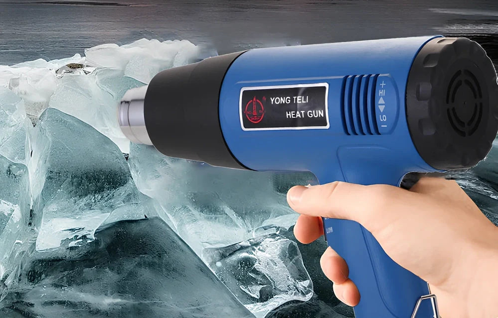 Industrial heat gun with temperature dial showing 300-500°C range, measuring 260mm long with gun mouth attachment