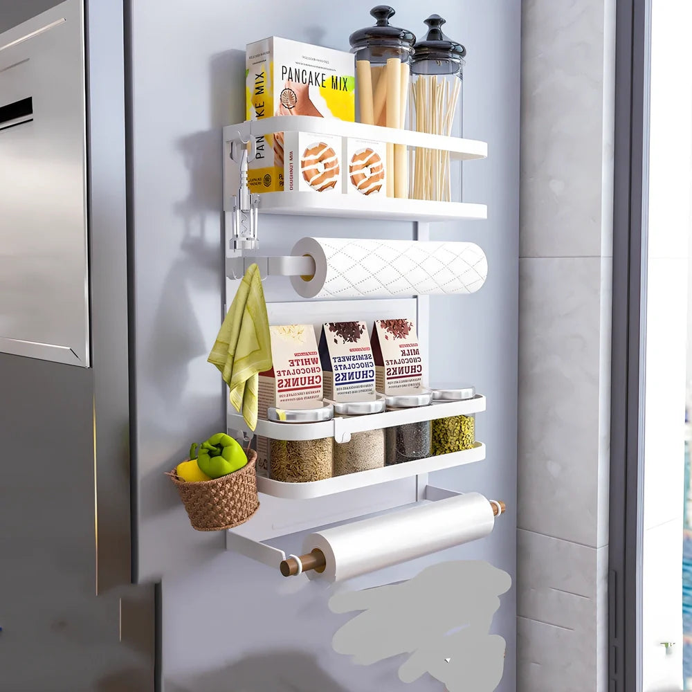 Black magnetic shelf mounted on refrigerator with spices and condiments organised neatly