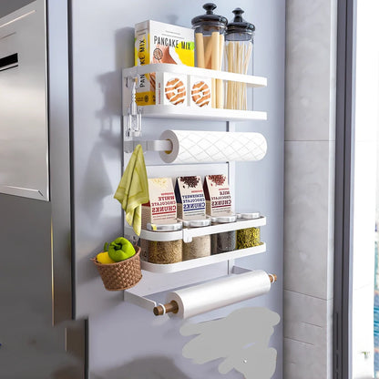 Black magnetic shelf mounted on refrigerator with spices and condiments organised neatly